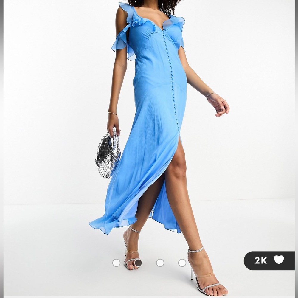 ASOS DESIGN multi flutter sleeve ruffle midaxi dress with button detail in blue